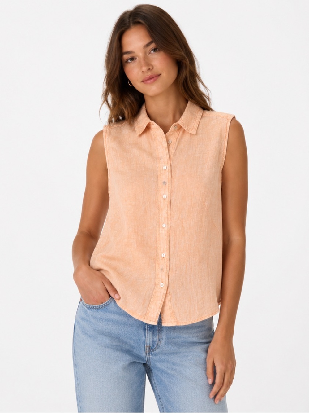H&M Peach Coral 100% Linen Sleeveless Button-Down Top Size 4